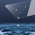 Waterproof clear protective film with hydrophobic water droplets on a blue background.