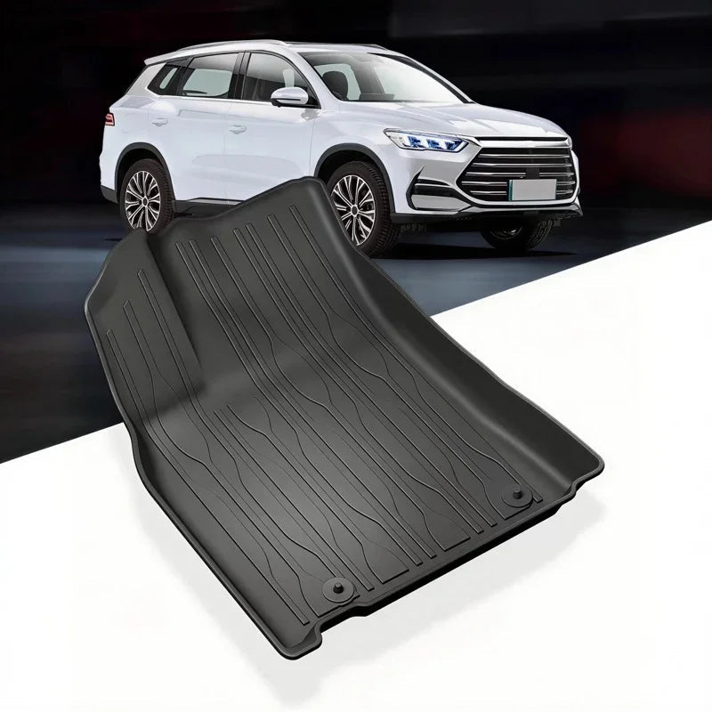 Black heavy-duty rubber trunk mat for BYD SUV, designed for durable protection against spills and wear.