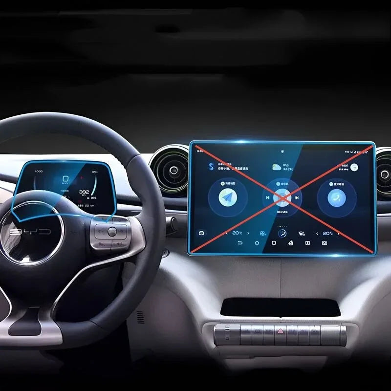 High-definition blue tempered glass screen protector for BYD car infotainment system.