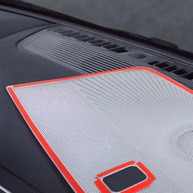 Protective orange-rimmed grey perforated dashboard mat for BYD car interior