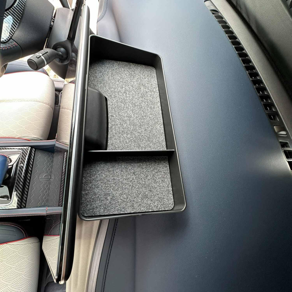 Black car center console organizer tray with grey felt lining for BYD accessories