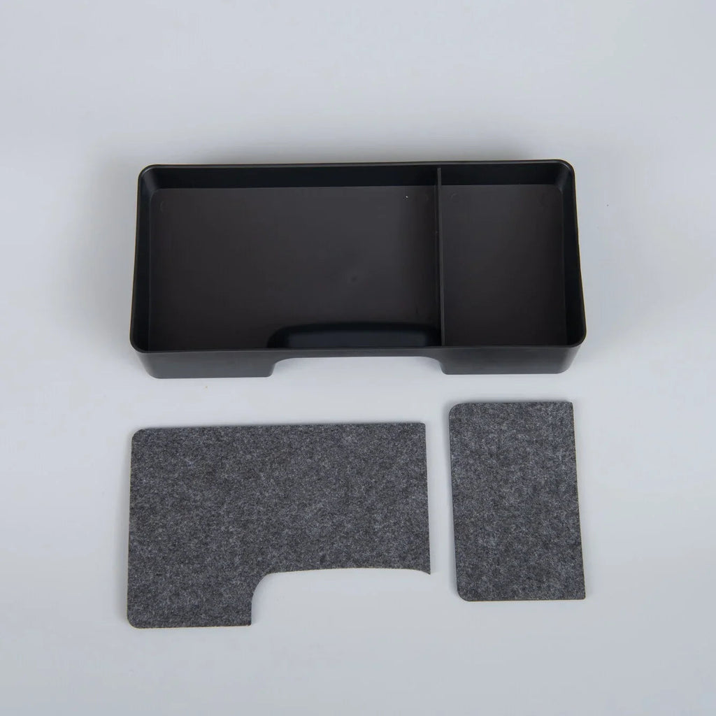 Black rectangular organizer tray and grey felt protective floor mats for car interior.