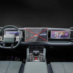 Premium grey leather interior featuring a large high-definition touchscreen infotainment system.