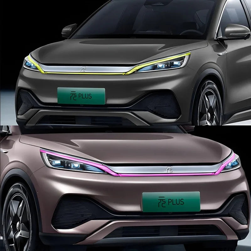 Two views of a BYD car front end featuring distinctive yellow and pink LED light strips.