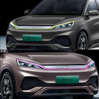 Two views of a BYD car front end featuring distinctive yellow and pink LED light strips.