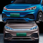 Front view of blue and bronze BYD Atto 3 electric cars featuring sleek modern designs.