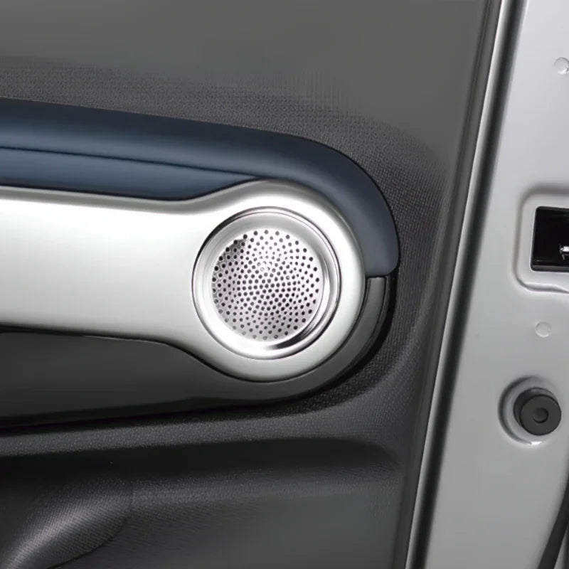 Silver metallic circular speaker grille integrated into a dark grey car door panel.