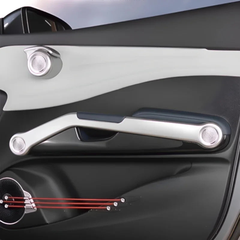 Silver and black interior door panel trim for BYD vehicles.