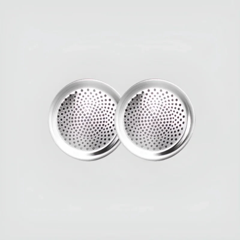 Two circular stainless steel mesh strainers with polished silver finish.