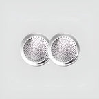 Two circular stainless steel mesh strainers with polished silver finish.