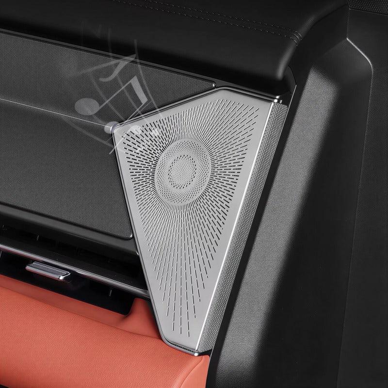 Silver metallic patterned speaker grille trim for BYD car interior dashboard.