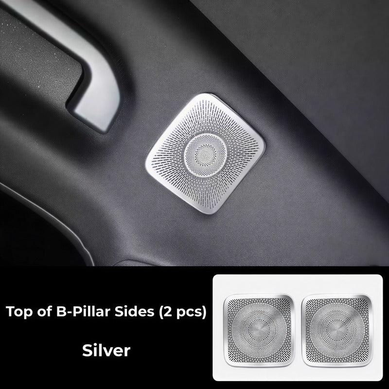 Silver metallic B-pillar speaker grill covers for BYD cars, set of 2 pieces.