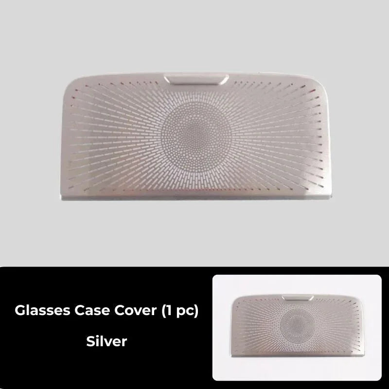 Silver metallic glasses case cover with a textured radial pattern for BYD car interior.
