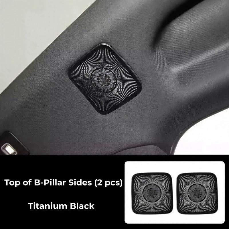Titanium Black B-pillar side speaker covers for BYD, featuring a premium textured finish.