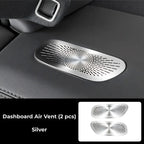 Silver metallic dashboard air vent with a unique radial perforated pattern for BYD interiors.