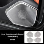 Set of 4 silver metallic sound covers for car door speakers, featuring a precise mesh design.