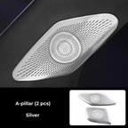 Silver metallic A-pillar speaker covers with a precision perforated pattern for BYD models.