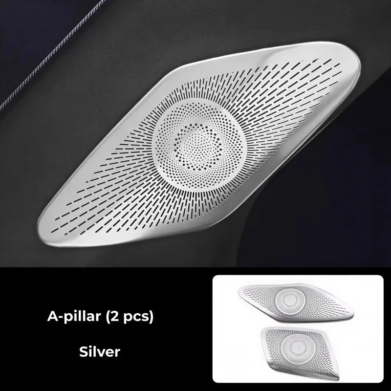 Silver metallic A-pillar speaker covers with a precision perforated pattern for BYD models.