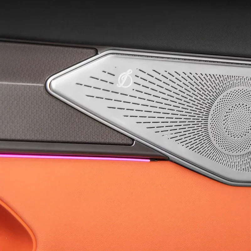 Close-up of a silver metallic speaker grille with a decorative logo in a car interior.