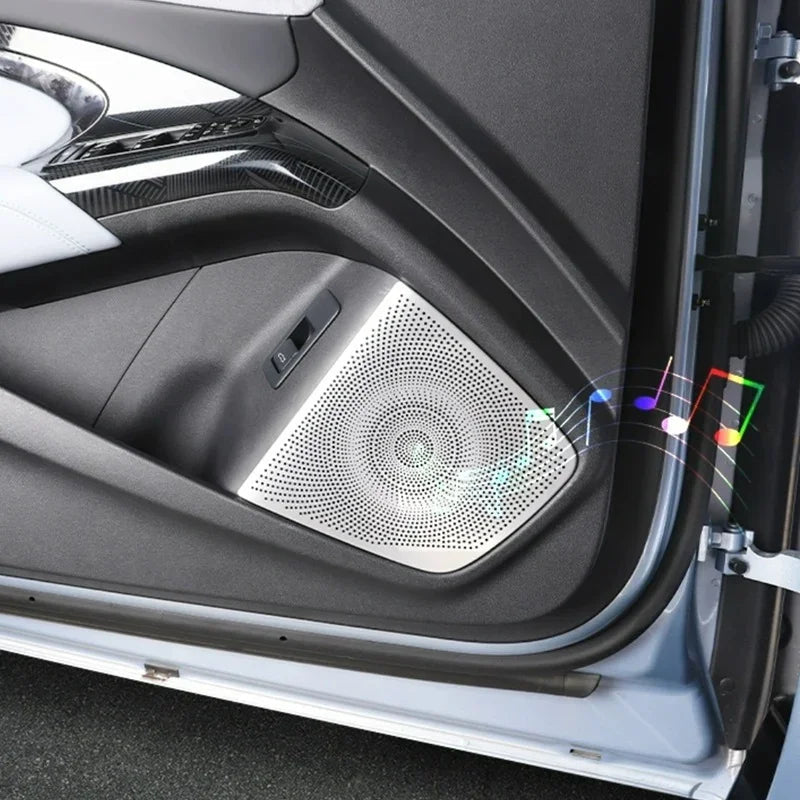 Close-up of a sleek silver perforated metal speaker grille integrated into a black car door panel.