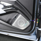 Close-up of a sleek silver perforated metal speaker grille integrated into a black car door panel.