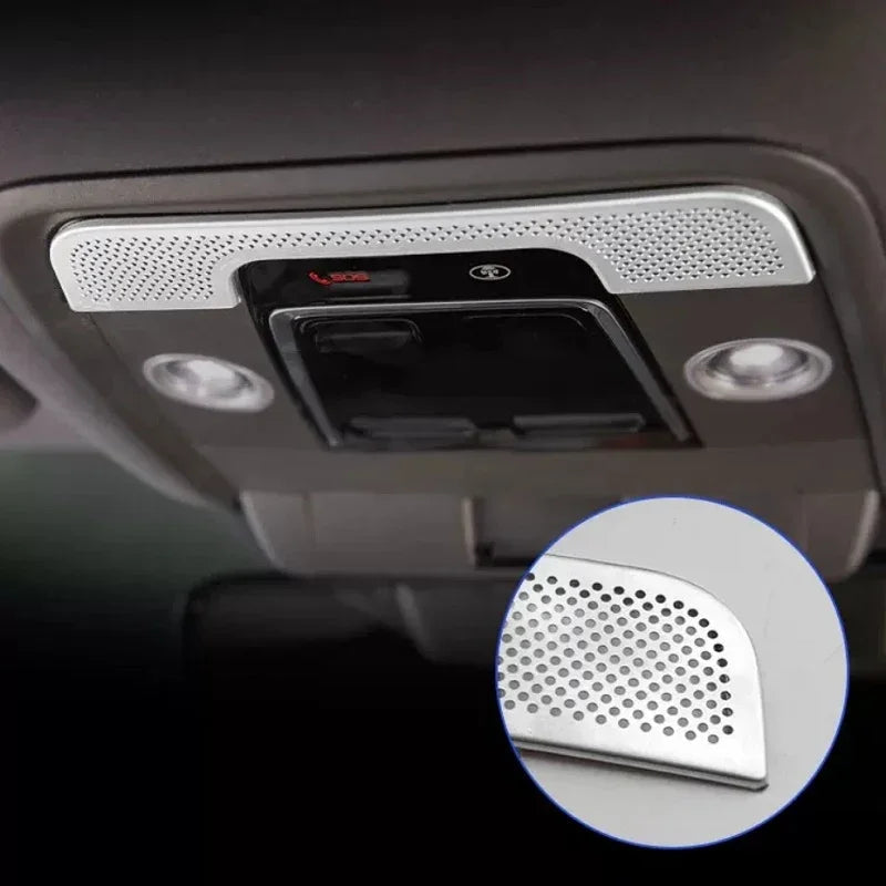 Silver metallic perforated interior roof trim for BYD car ceiling with detailed close-up.