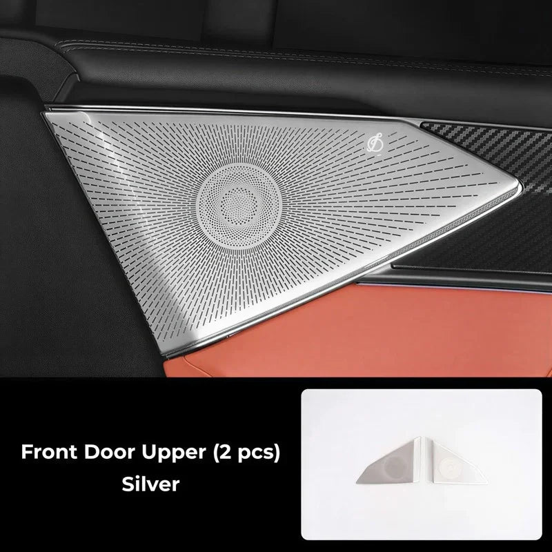 Silver metallic front door upper trim covers with a textured sunburst pattern for BYD.