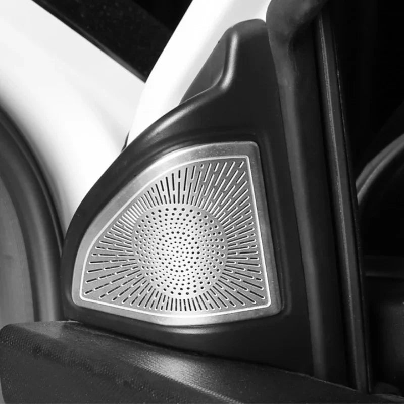 Silver metallic perforated speaker grille cover for a car door interior.