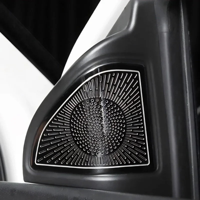 Close-up of a black car speaker grille with a silver radial-patterned mesh design.