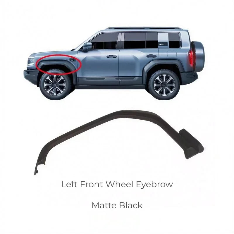 Matte black left front wheel eyebrow fender flare for SUV protection.