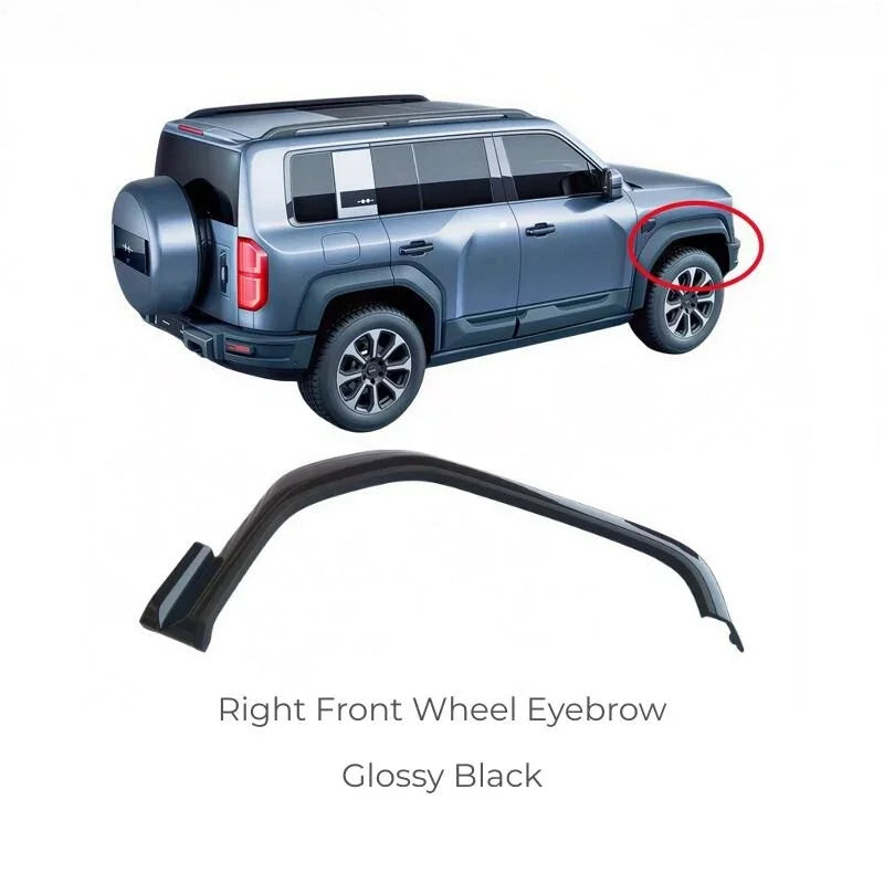 Glossy black right front wheel eyebrow fender flare for SUV protection.