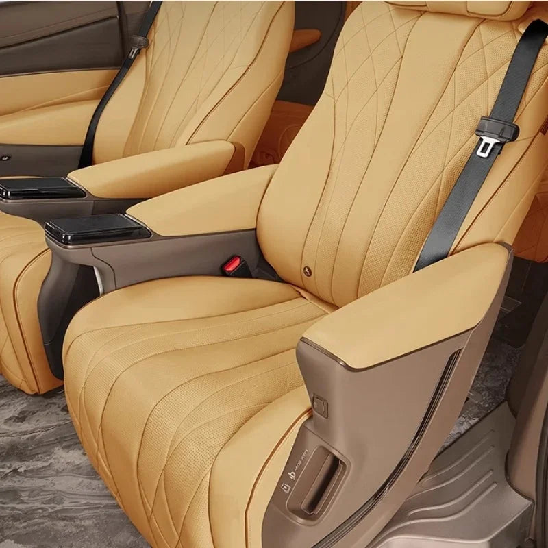 Luxury tan leather car seat covers with diamond stitching and premium perforated texture.