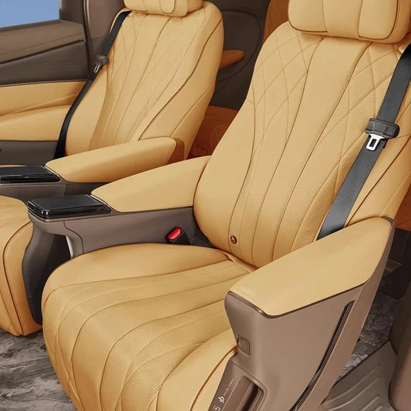 Tan perforated leather car seats with diamond stitching for premium BYD interior protection.