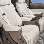 Premium cream-colored diamond-stitched leather car seats with ergonomic armrests.