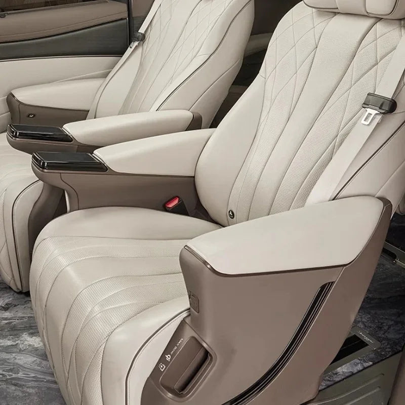 Premium beige leather car seats with diamond-stitched pattern and brown trim accents.