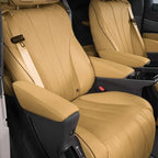 Tan perforated leather car seats with premium diamond quilted stitching for BYD models.