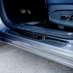 Black textured matte door sill protector with ATTO 3 embossed lettering for BYD protection.
