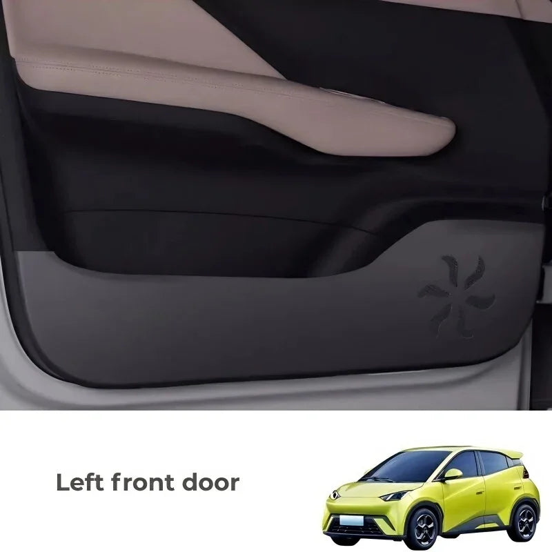 Black matte textured door kick protector for left front car door to prevent wear and scratches.