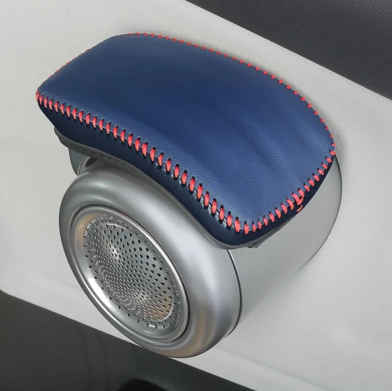Blue leather armrest cover with red contrast stitching for BYD car interior protection