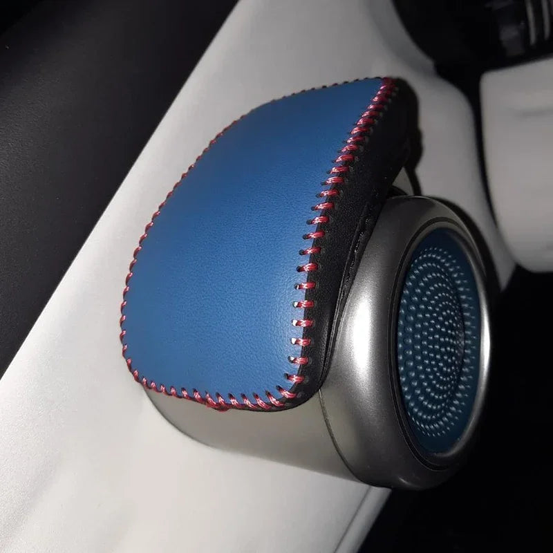 Blue leather cup holder cover with red stitching for BYD car interior protection