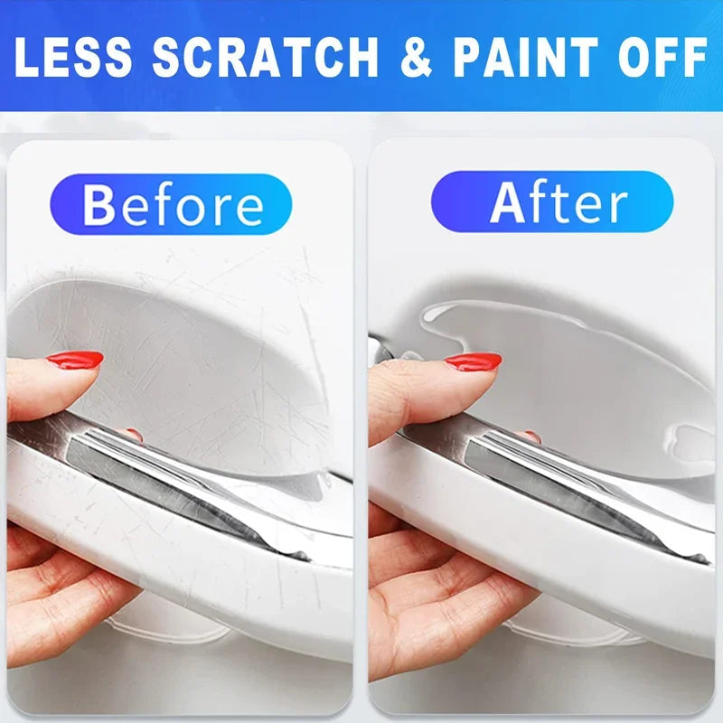 Comparison of a scratched chrome car door handle before and after using a protective film.