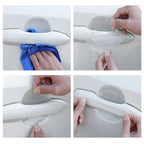 Installing a transparent TPU protective film on a white car door handle to prevent scratches.