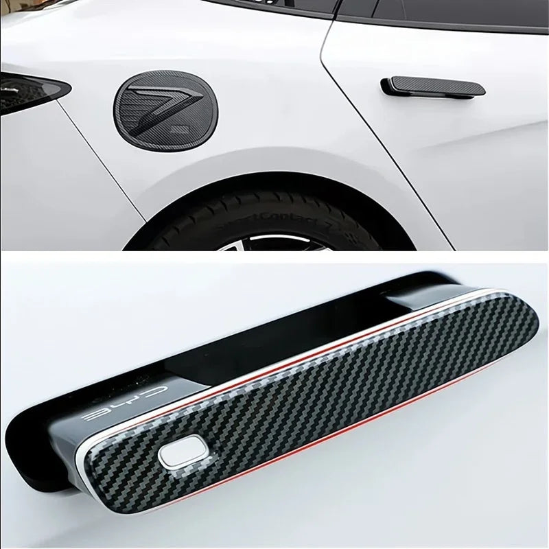 Carbon fiber pattern door handle cover and fuel cap trim in black and red for BYD.