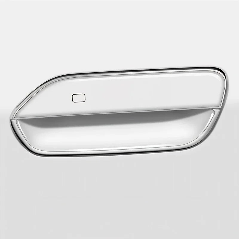 Sleek white automotive door handle cover with a polished chrome trim finish.