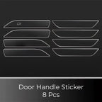 Set of 8 black transparent protective door handle stickers for car scratch prevention.