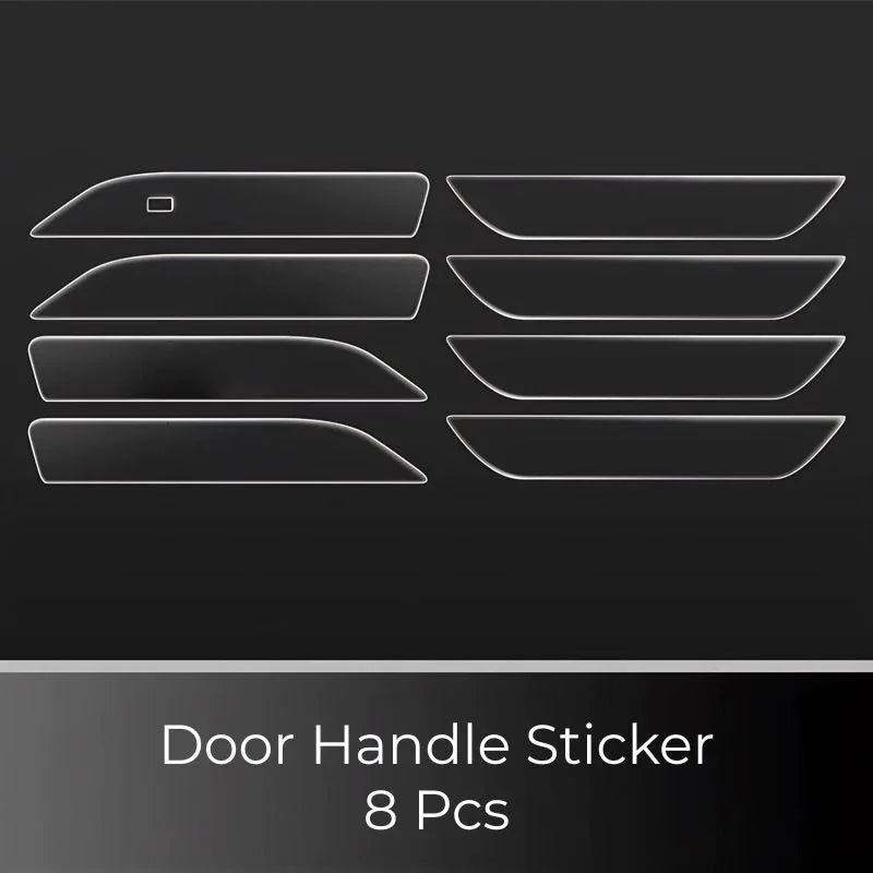 Set of 8 black transparent protective door handle stickers for car scratch prevention.