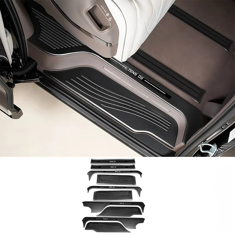 Black textured TENS DS car door sill protector and custom-fit interior trim accessories.
