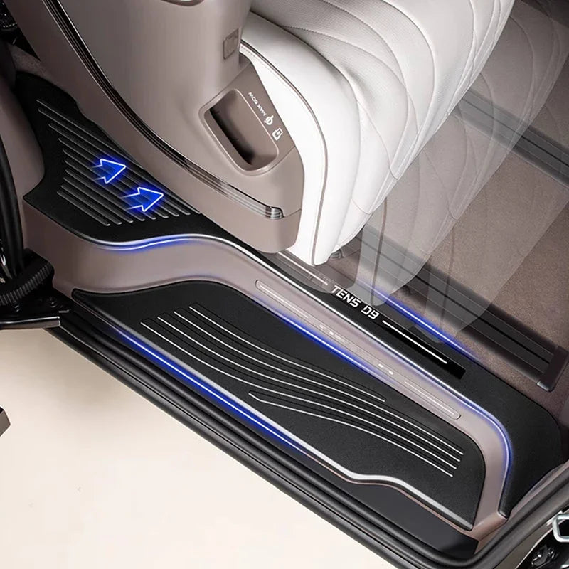 Black premium textured door sill plate with integrated blue LED lighting for BYD vehicle protection.