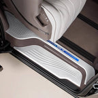 Silver metallic door sill protector with textured anti-slip surface for BYD Denza D9.