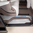 Silver metallic door sill protector with textured anti-slip surface for BYD interior protection.